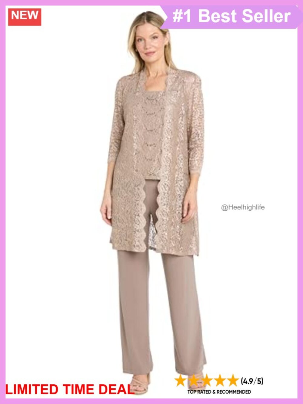 R&M Richards 3-Piece Glitter Scallop Lace Duster Pant Set Formal Party